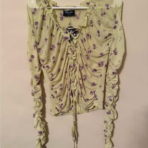 Brandy Melville Cream Floral Ruched Blouse